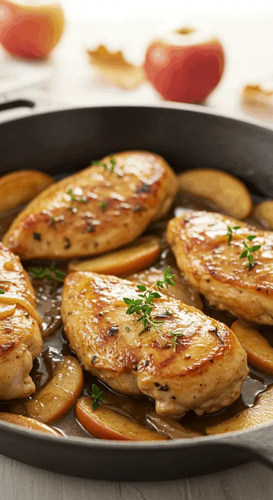 A beautiful, rustic cast-iron skillet of homemade, golden-brown Autumn Harvest Chicken, coated in a light, glossy apple cider sauce with apples and onions.