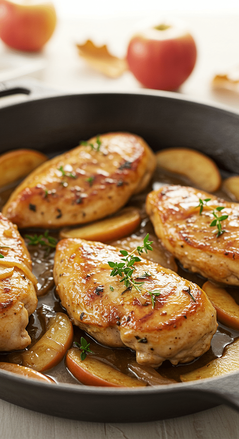 A beautiful, rustic cast-iron skillet of homemade, golden-brown Autumn Harvest Chicken, coated in a light, glossy apple cider sauce with apples and onions.