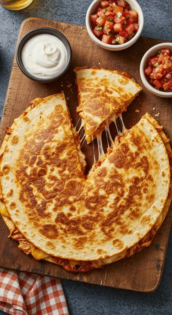 A beautiful, golden-brown homemade BBQ Chicken Quesadilla, cut into wedges with a cheesy, gooey cheese pull.