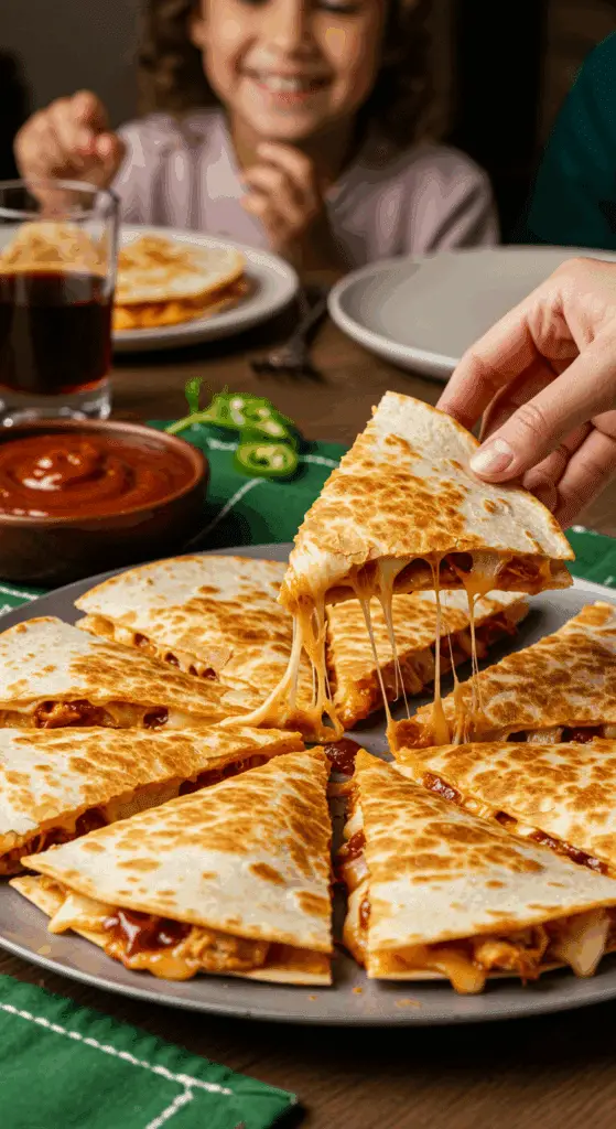 A large platter of homemade, cheesy BBQ Chicken Quesadillas being served at a fun and casual family dinner.