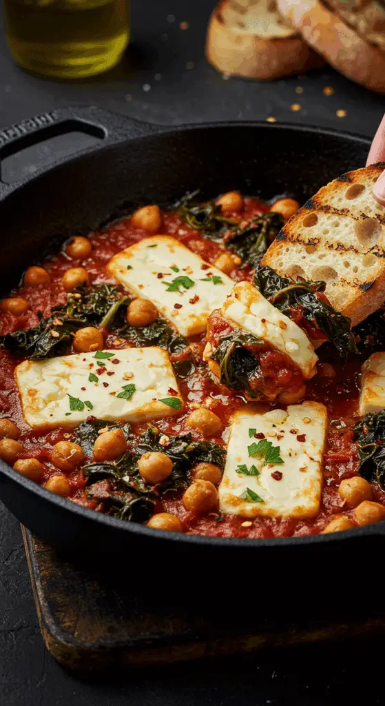 A beautiful, rustic cast-iron skillet of homemade, creamy Baked Feta, with soft feta nestled in a rich tomato, chickpea, and kale sauce.