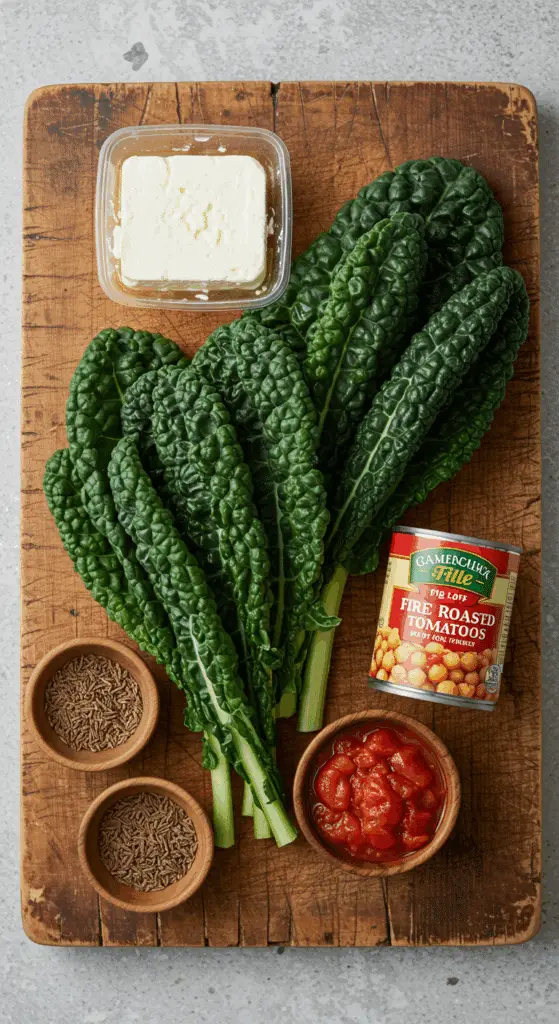 The simple, fresh ingredients for the easy and healthy Baked Feta with tomatoes, chickpeas, and kale.