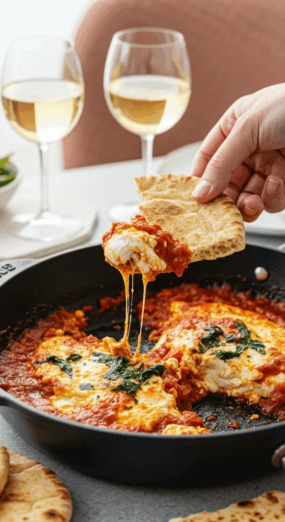 The finished skillet of homemade, creamy Baked Feta being shared and enjoyed with warm pita bread at a fun and casual party.