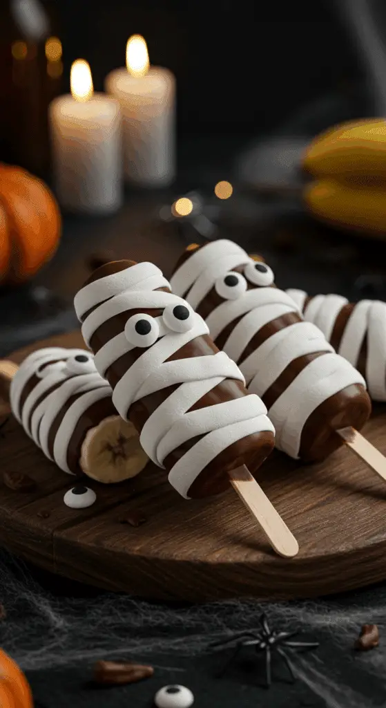 A beautiful, rustic platter of homemade, spooky, and fun Banana Mummies, with a dark chocolate coating and white, marshmallow bandages.