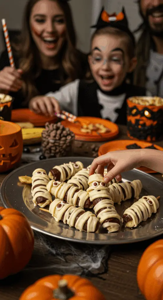 A large platter of homemade, spooky, and adorable Banana Mummies being served at a fun and casual Halloween party.