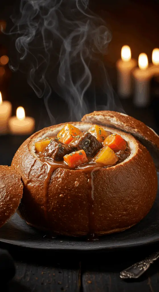 A beautiful, rustic, dark bread bowl "cauldron" filled with a hearty, homemade, classic Beef Stew for a spooky Halloween dinner.