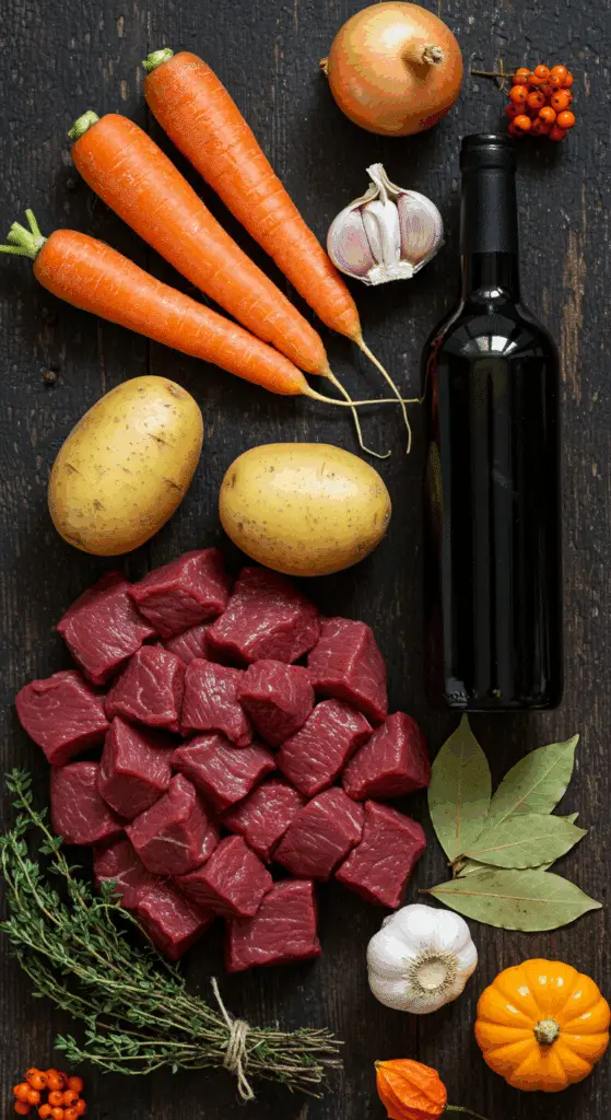 The fresh, from-scratch ingredients for the classic and hearty Witch's Cauldron Beef Stew recipe.