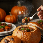 A hand holding a spoon, ready to take a bite from a cozy, steaming bread bowl of homemade Beef Stew at a fun Halloween dinner.