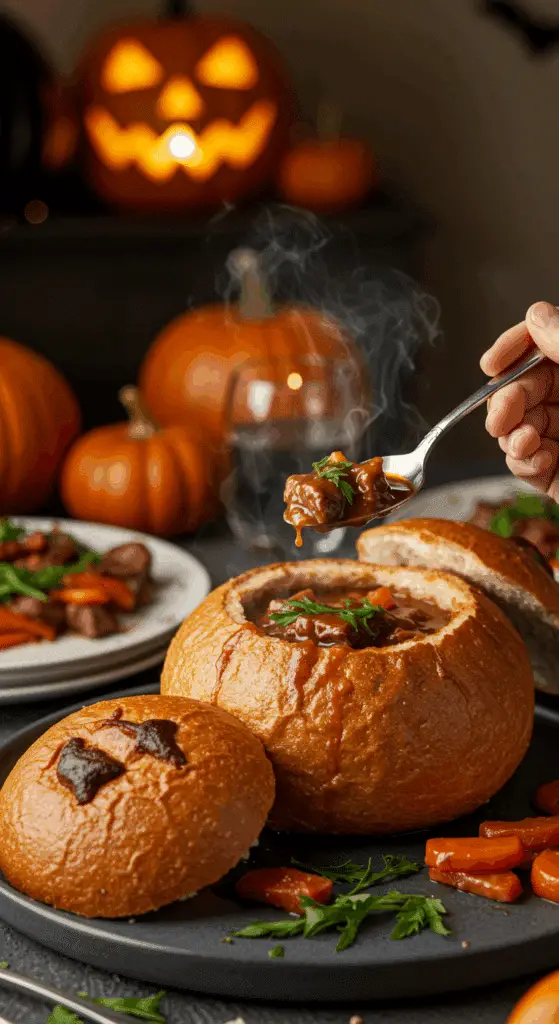A hand holding a spoon, ready to take a bite from a cozy, steaming bread bowl of homemade Beef Stew at a fun Halloween dinner.