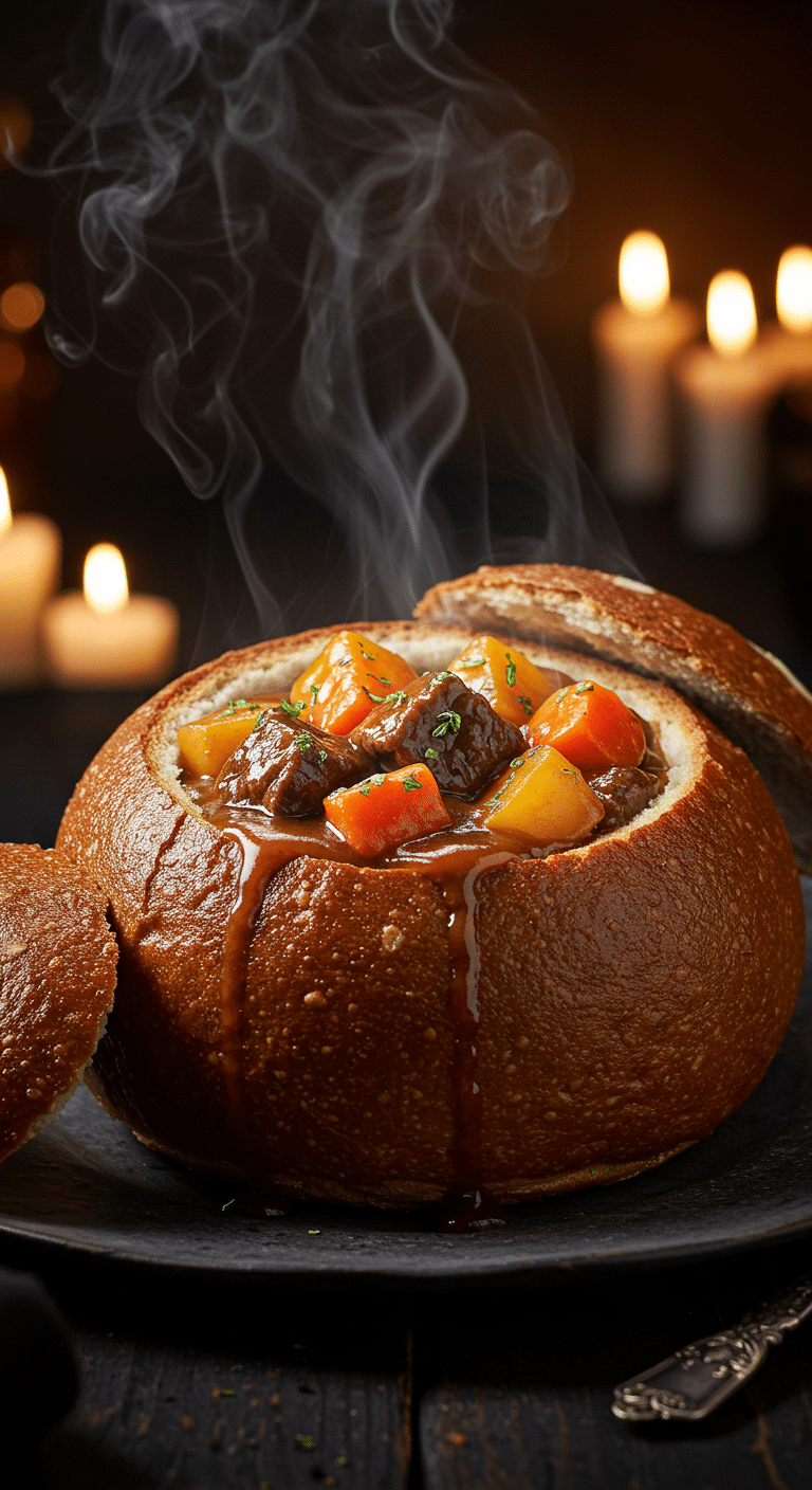 A beautiful, rustic, dark bread bowl "cauldron" filled with a hearty, homemade, classic Beef Stew for a spooky Halloween dinner.