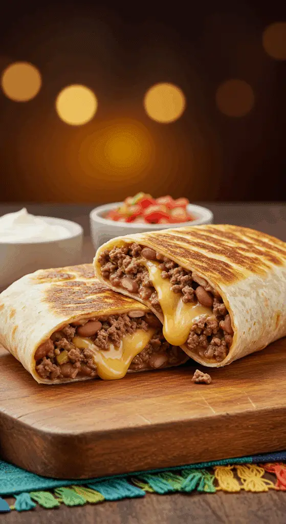 A beautiful, golden-brown homemade Beef and Bean Burrito, cut in half to show the creamy, cheesy, and beefy interior.
