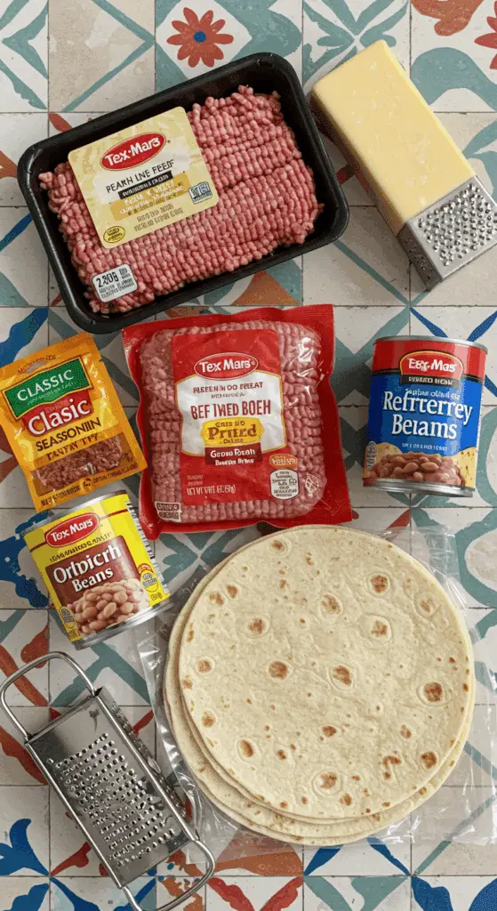 The simple, from-scratch ingredients for the easy and cheesy Beef and Bean Burrito recipe.