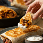 A hand dipping a corner of a large, golden-brown, homemade Beef and Bean Burrito into a small bowl of sour cream.