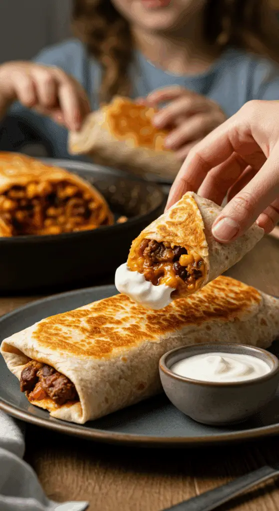 A hand dipping a corner of a large, golden-brown, homemade Beef and Bean Burrito into a small bowl of sour cream.