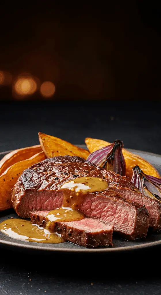 A beautiful, golden-brown, juicy, pan-seared Sirloin Steak on a plate, drizzled with a beer-mustard sauce and served with roasted sweet potatoes.