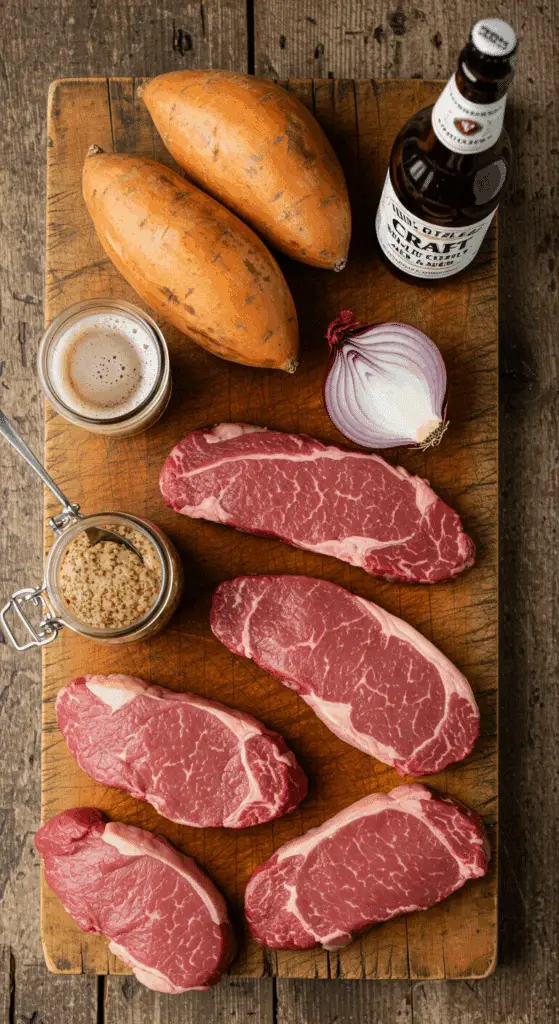 The fresh, from-scratch ingredients for the classic Pan-Seared Steak with Beer Sauce and Roasted Sweet Potatoes recipe.