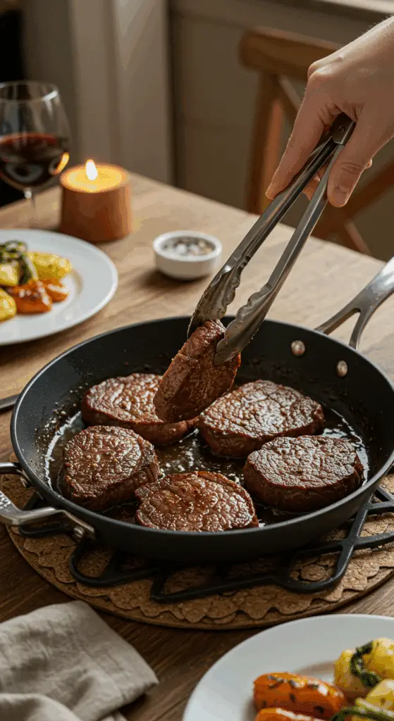 The finished skillet of homemade Pan-Seared Steaks being served at a cozy family dinner.