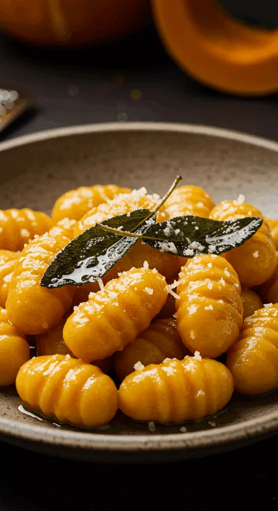 A beautiful, rustic bowl of homemade, elegant Pumpkin Gnocchi, glistening in a rich, nutty brown butter sauce and garnished with crispy fried sage.