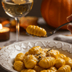 An elegant plate of homemade, creamy Pumpkin Gnocchi with Brown Butter Sage Sauce being enjoyed for a sophisticated, candlelit fall dinner.