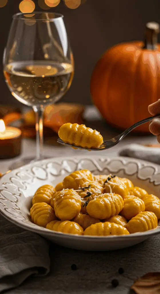 An elegant plate of homemade, creamy Pumpkin Gnocchi with Brown Butter Sage Sauce being enjoyed for a sophisticated, candlelit fall dinner.