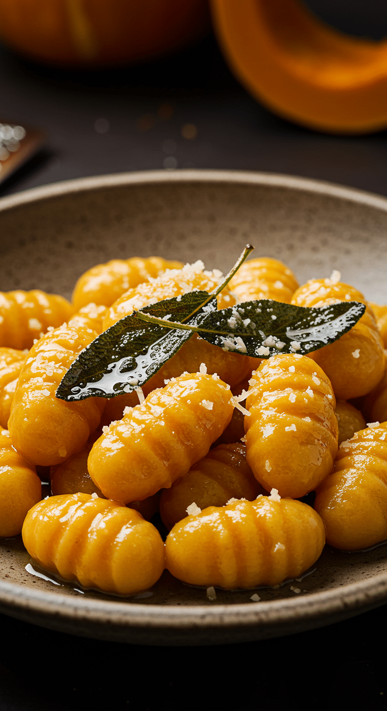 A beautiful, rustic bowl of homemade, elegant Pumpkin Gnocchi, glistening in a rich, nutty brown butter sauce and garnished with crispy fried sage.