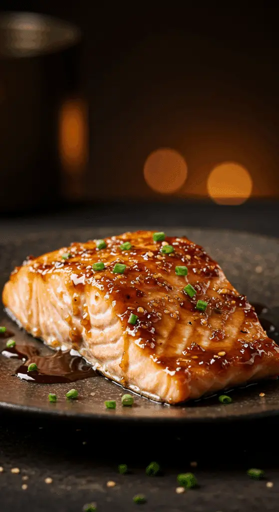 A beautiful, single fillet of homemade, baked Brown Sugar-Glazed Salmon, covered in a thick, dark, bubbly, and caramelized glaze.