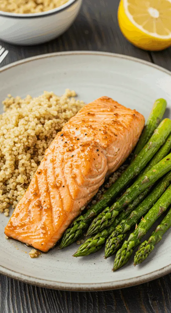 A beautiful and healthy dinner plate of homemade Brown Sugar-Glazed Salmon served with fluffy quinoa and roasted asparagus.