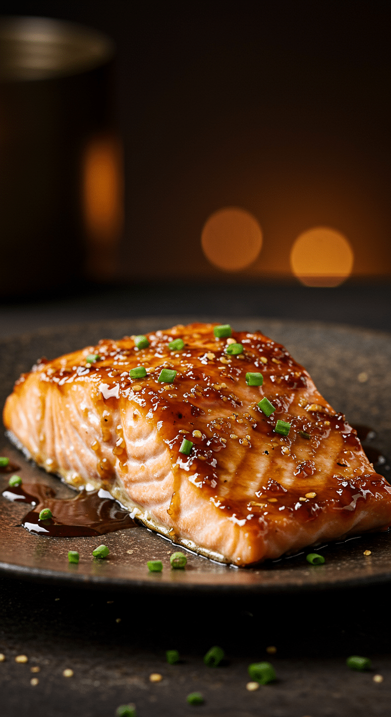 A beautiful, single fillet of homemade, baked Brown Sugar-Glazed Salmon, covered in a thick, dark, bubbly, and caramelized glaze.
