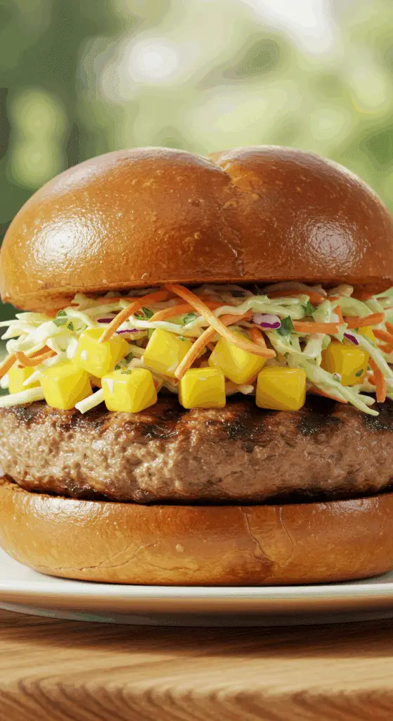 A beautiful, juicy, homemade grilled Turkey Burger on a toasted challah roll, topped with a generous pile of creamy mango slaw.