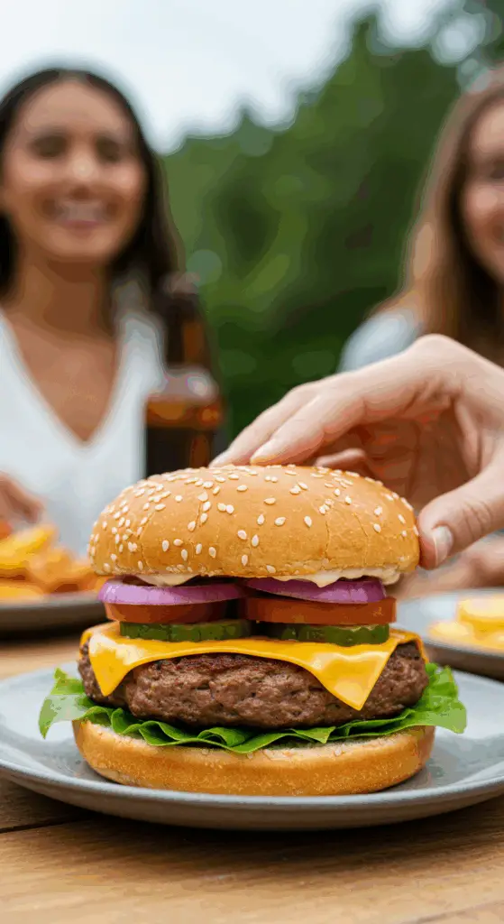 A hand holding a large, delicious, and fully assembled homemade Turkey Burger with Mango Slaw at a summer barbecue.