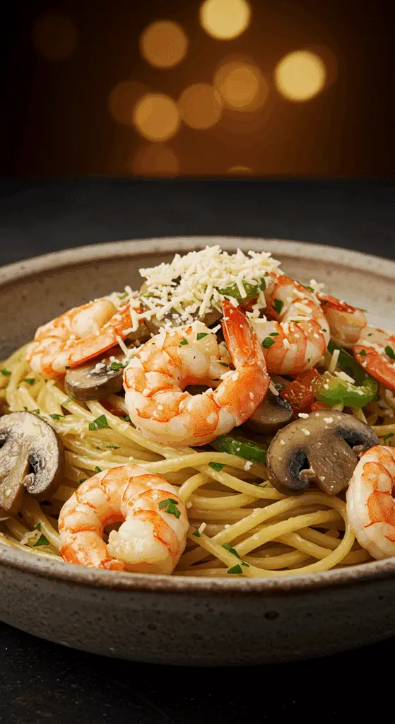 A beautiful, rustic bowl of homemade, Garlic Butter Shrimp and Pasta, garnished with grated Romano cheese and fresh parsley.