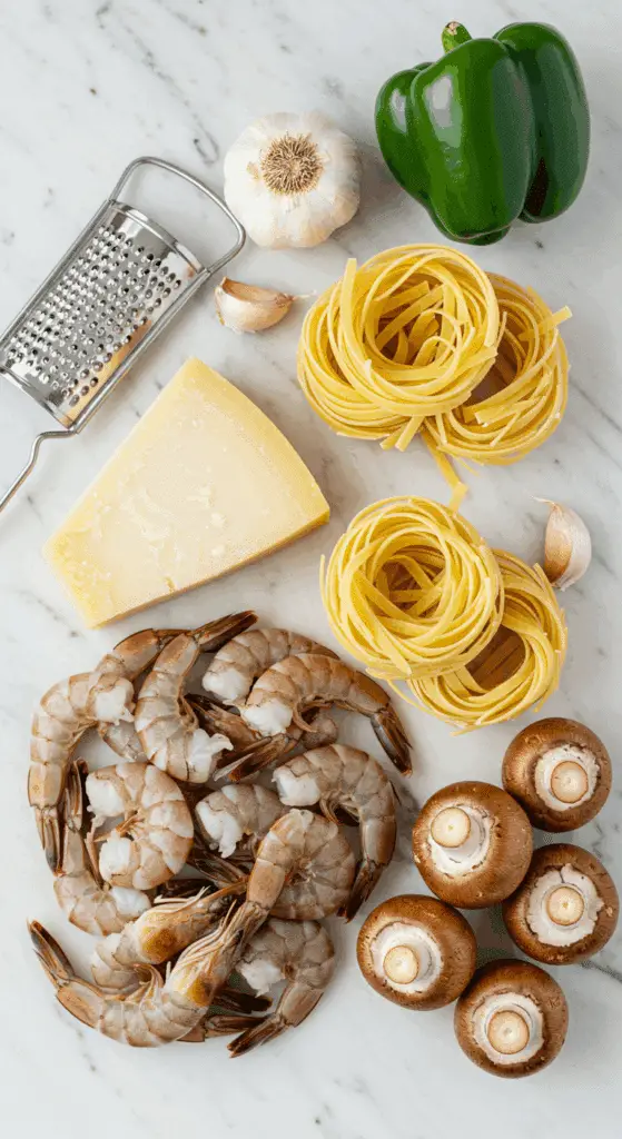 The simple, fresh ingredients for the from-scratch, easy and quick Garlic Butter Shrimp and Pasta recipe.