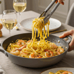 A large bowl of homemade, Garlic Butter Shrimp and Pasta being served at a cozy family dinner.