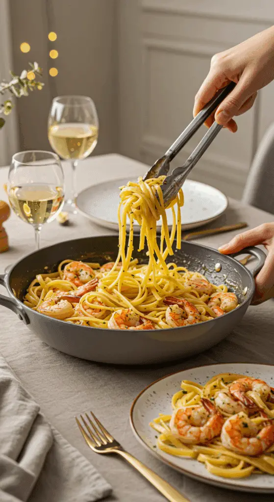 A large bowl of homemade, Garlic Butter Shrimp and Pasta being served at a cozy family dinner.