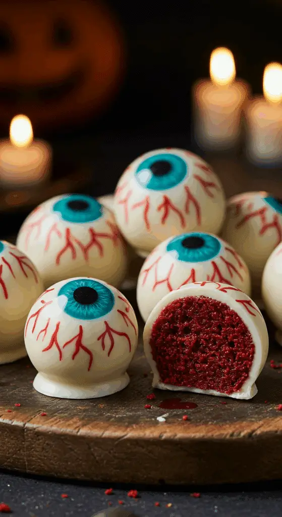 A beautiful, rustic platter of homemade, spooky "Cake Eyeballs," with one cut in half to show the "bloody" red velvet cake interior.