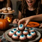 A large platter of homemade, spooky, and gory "Cake Eyeballs" being served at a fun and casual Halloween party.