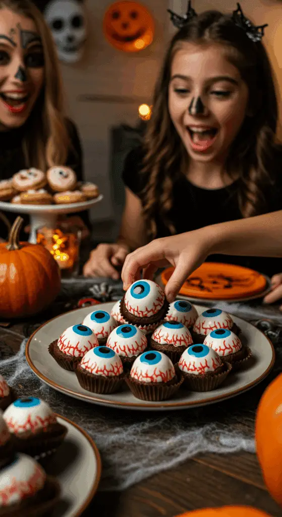 A large platter of homemade, spooky, and gory "Cake Eyeballs" being served at a fun and casual Halloween party.