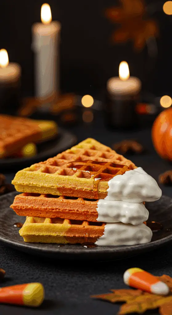 A beautiful, rustic platter of homemade, fun, and colorful Candy Corn Waffles, with a vibrant, tri-color pattern and a white chocolate-dipped tip.