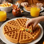 A large platter of homemade, colorful, and fun Candy Corn Waffles being served at a family Halloween breakfast.