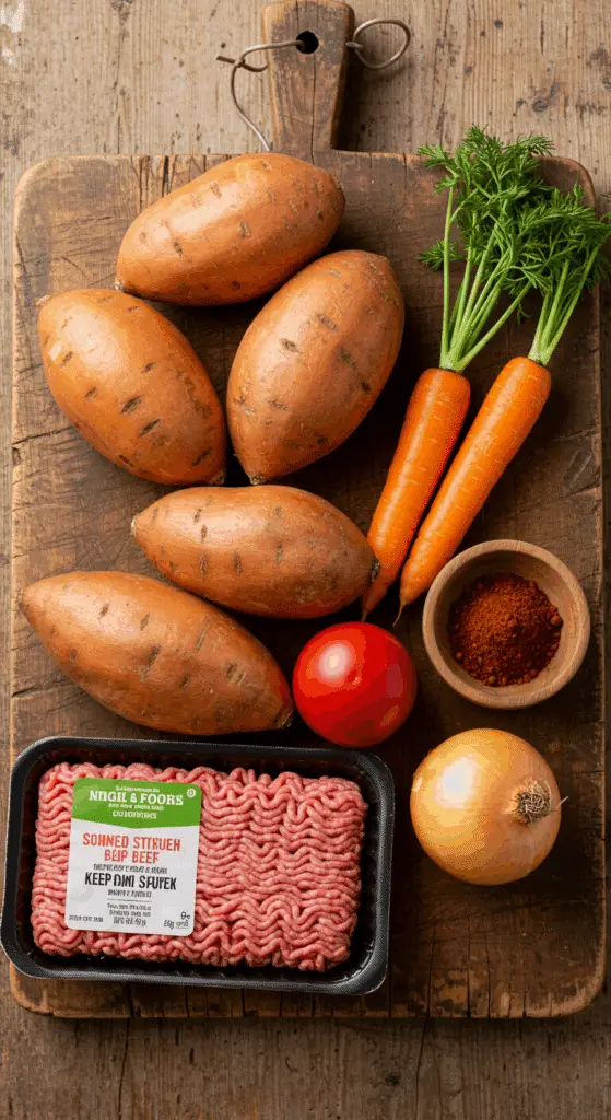 The simple, fresh ingredients for the healthy, from-scratch Chili Cheese Stuffed Sweet Potato recipe.