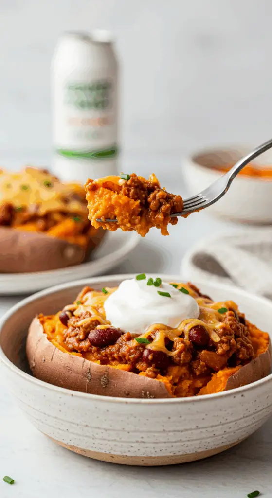 A beautiful bowl of a homemade, healthy Chili Cheese Stuffed Sweet Potato being enjoyed for a vibrant and healthy lunch.