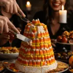 The finished, impressive Candy Corn Cheese Tower being served as the centerpiece of a fun and sophisticated Halloween party.