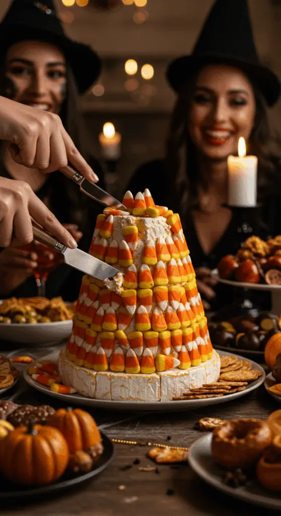 The finished, impressive Candy Corn Cheese Tower being served as the centerpiece of a fun and sophisticated Halloween party.