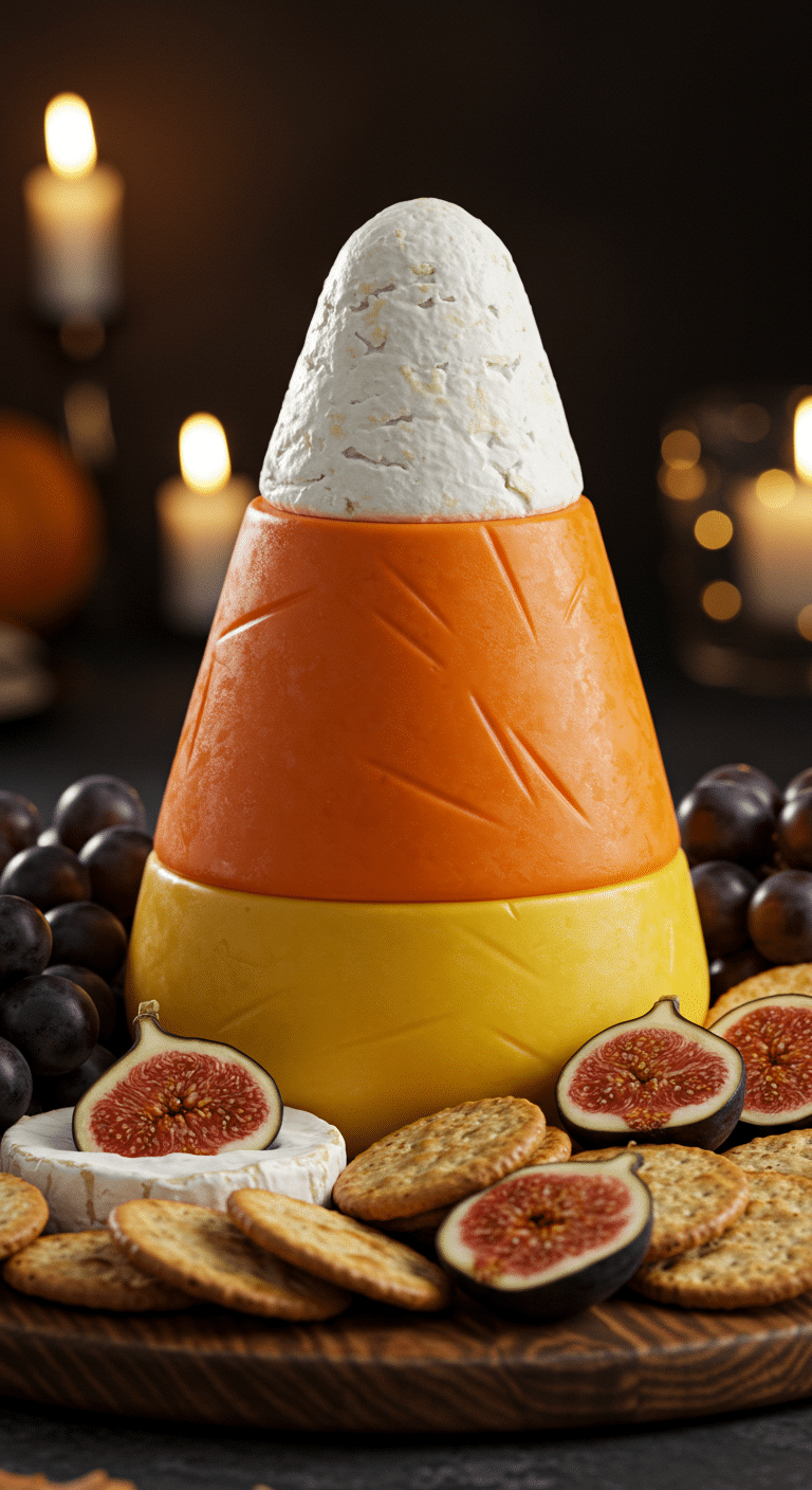 A beautiful, rustic platter with a homemade, tall, and impressive Candy Corn Cheese Tower, with three distinct, colorful layers of cheese.