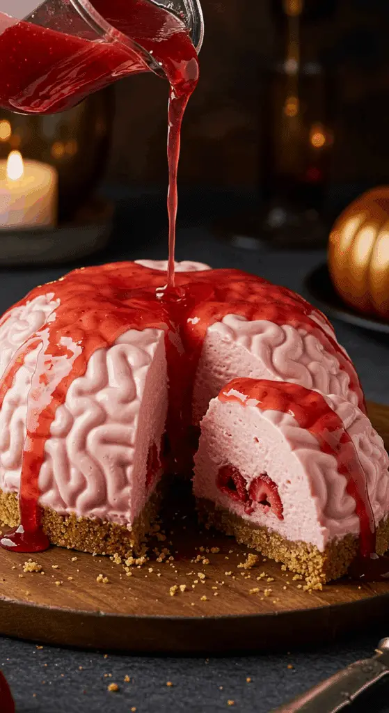 A beautiful, homemade, spooky No-Bake Cheesecake Brain, with a "bloody" red strawberry syrup being poured over the top and a slice cut out to show the surprise strawberry filling.