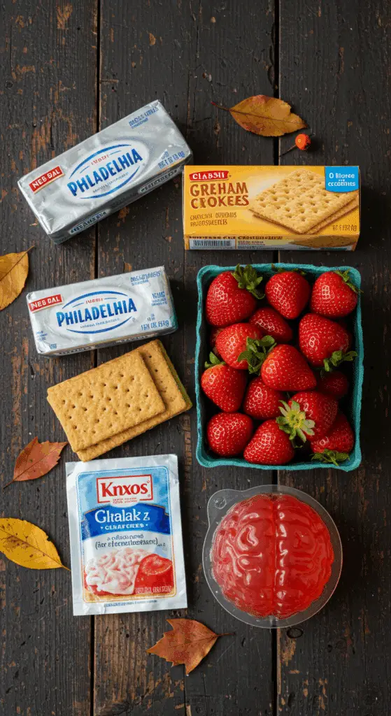 The simple, from-scratch ingredients for the easy and spooky No-Bake Strawberry Cheesecake Brain recipe.