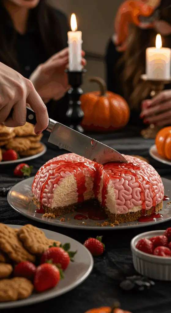 The finished, spooky, and impressive No-Bake Cheesecake Brain being sliced for the first time at a fun and sophisticated Halloween party.