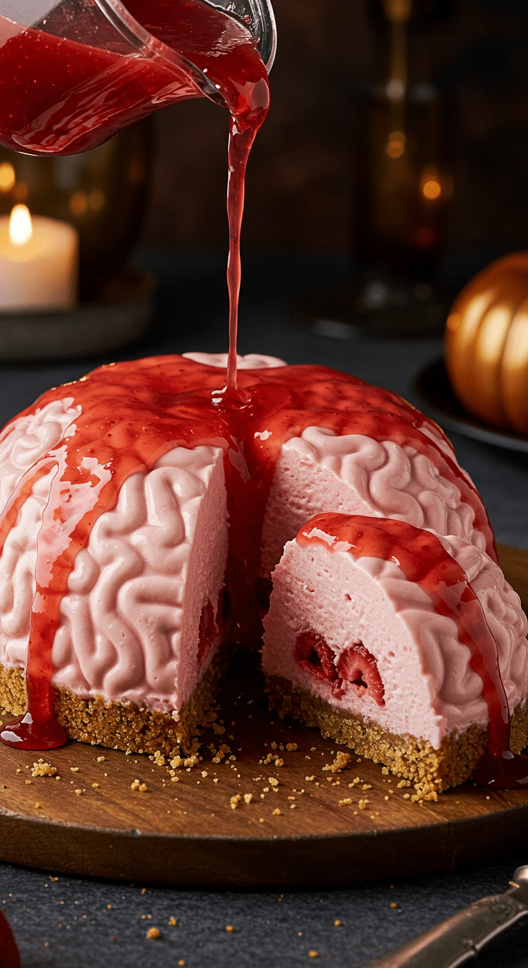 A beautiful, homemade, spooky No-Bake Cheesecake Brain, with a "bloody" red strawberry syrup being poured over the top and a slice cut out to show the surprise strawberry filling.