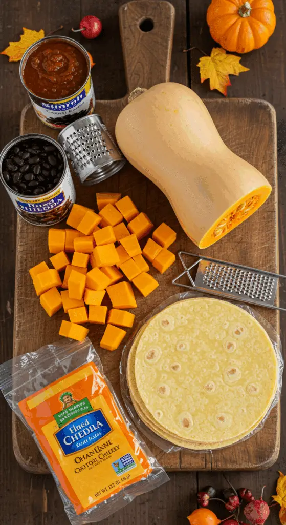 The fresh, from-scratch ingredients for the classic and hearty Butternut Squash and Black Bean Enchiladas recipe.