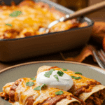 A beautiful plate of homemade, cheesy Butternut Squash Enchiladas topped with sour cream and cilantro, being served for a cozy fall family dinner.